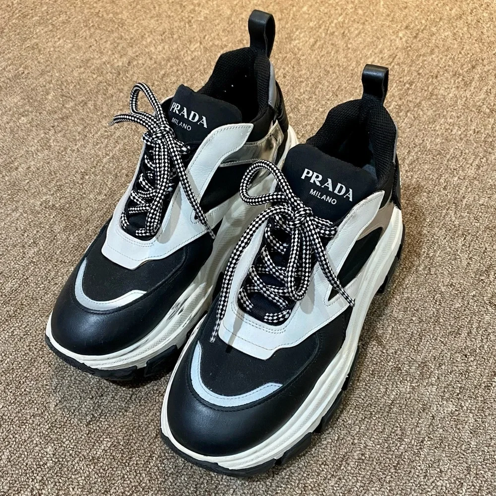 Prada Block Chunky Platform Sneakers Black White Holographic Size 41 - Picture 3 of 8